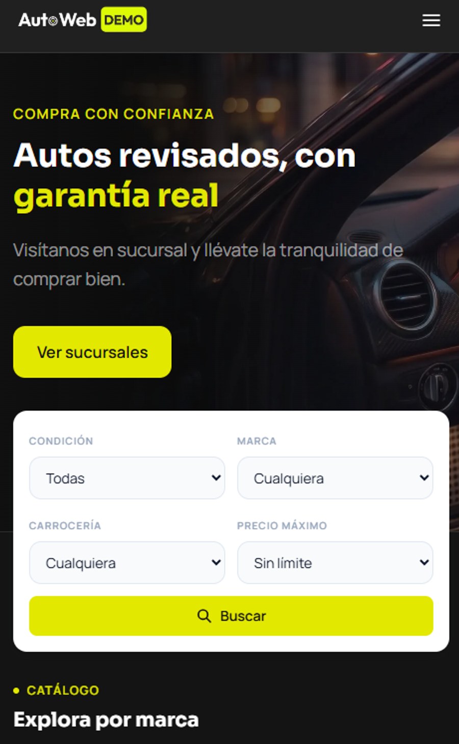 Captura del catálogo de autos en celular